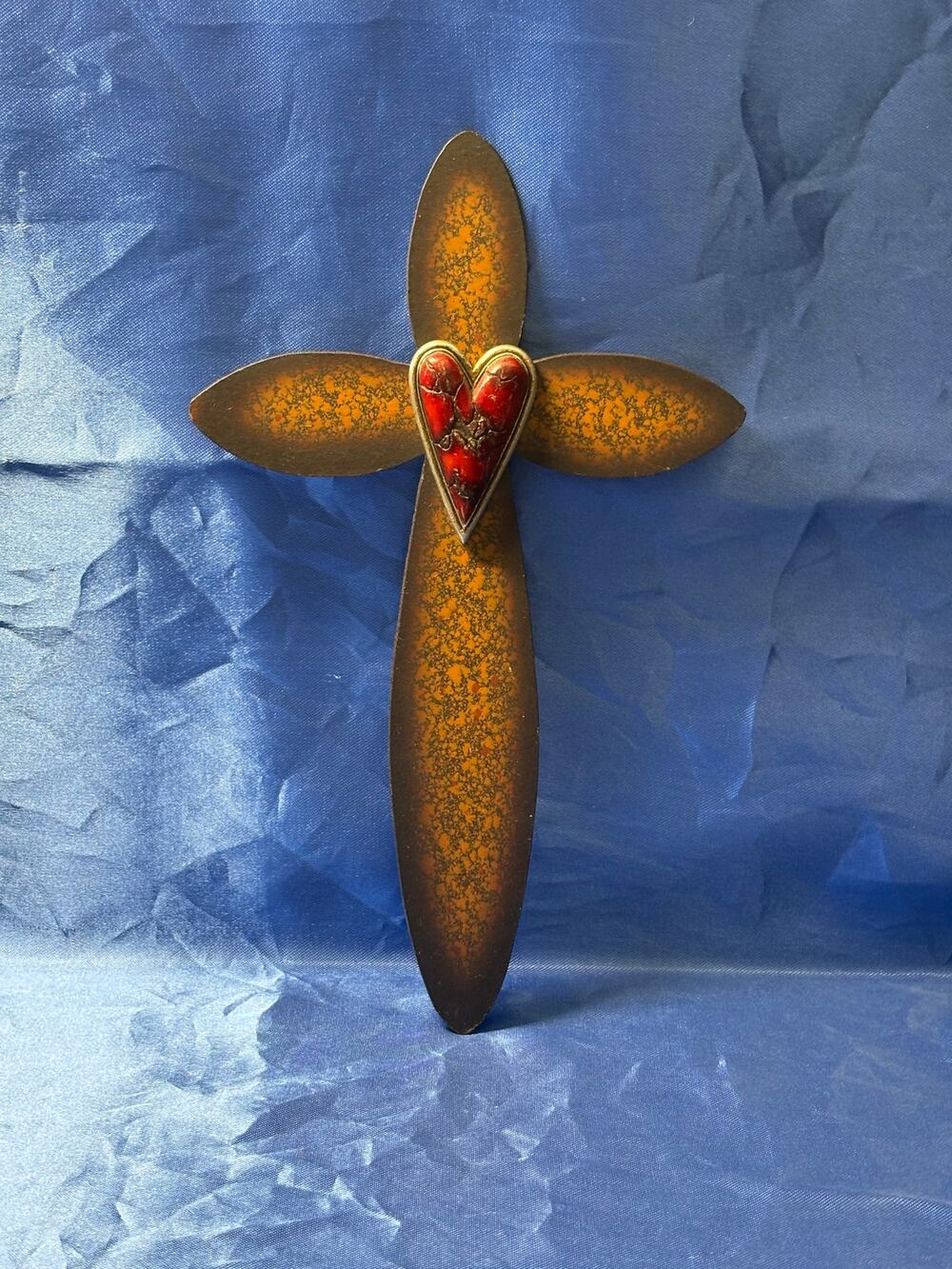 Rustic Metal Wall Hanging Cross Accented with Red Stone